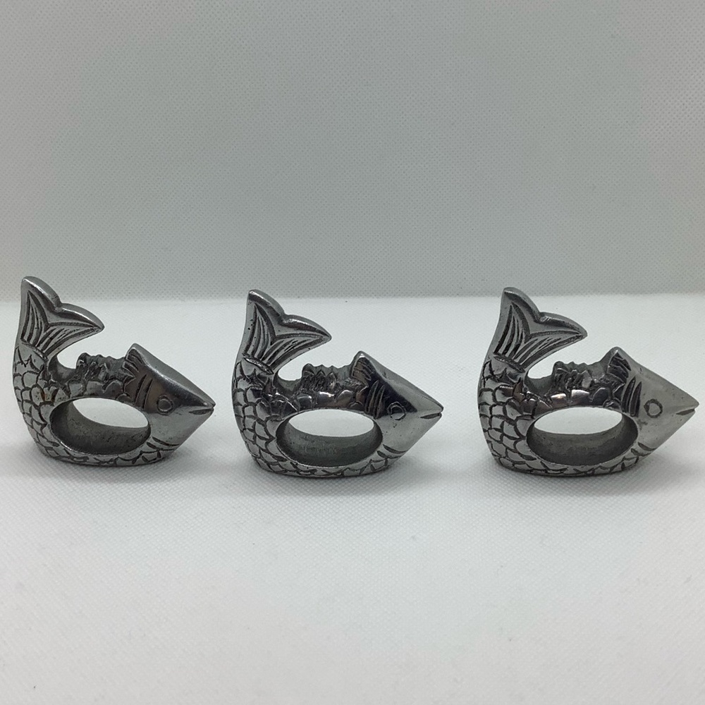 Set of 3 Pewter Fish Napkin Rings Heavy Steel Colour